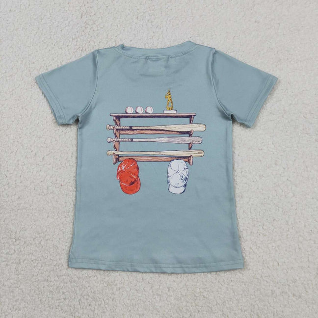 BT1762 Kids Baby Boys Light Blue Short Sleeve Back Baseballs Print Team T-shirts Top