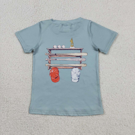 BT1762 Kids Baby Boys Light Blue Short Sleeve Back Baseballs Print Team T-shirts Top