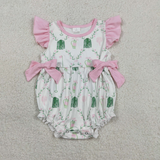 RTS NO MOQ（In Stock) SR3842 Golf Ball Cylinder Floral Leaf Check Pink Bow Vest Jumpsuit
