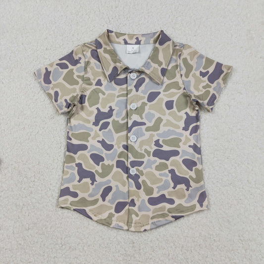 RTS NO MOQ（In Stock) Puppy Gray-Green Camouflage Button Short-Sleeved Top