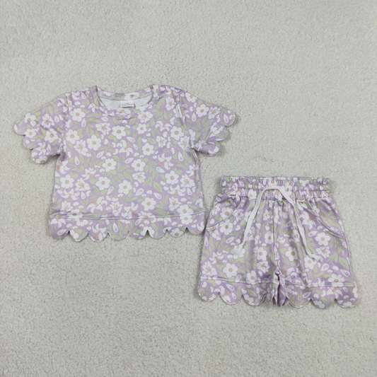 GSSO3265 Kids Baby Girls Short Sleeve Colorful Flowers Top Pockets Shorts Scallop Sets