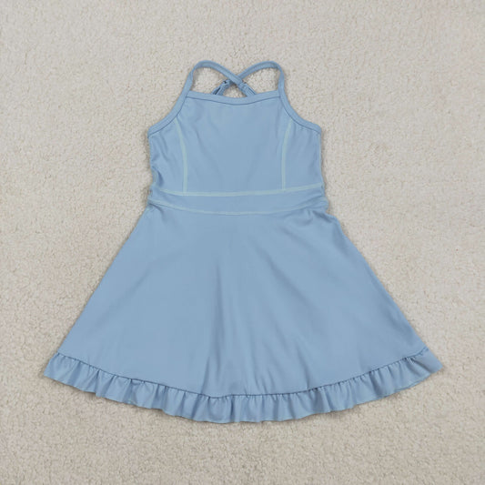 S0713 Kids Baby Girl Light Blue Strap Yoga Active Shorts Ruffle Knee Length Dresses