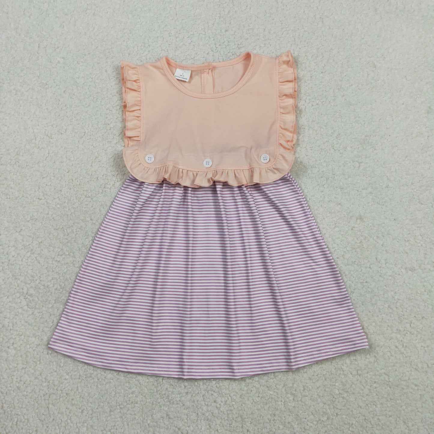 GSD3559 Kids Baby Girl Peach Sleeveless Lavender Stripe Button Knee Length Dresses