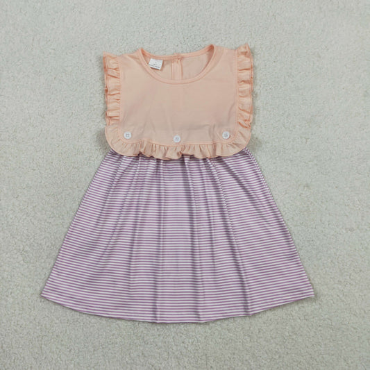 GSD3559 Kids Baby Girl Peach Sleeveless Lavender Stripe Button Knee Length Dresses