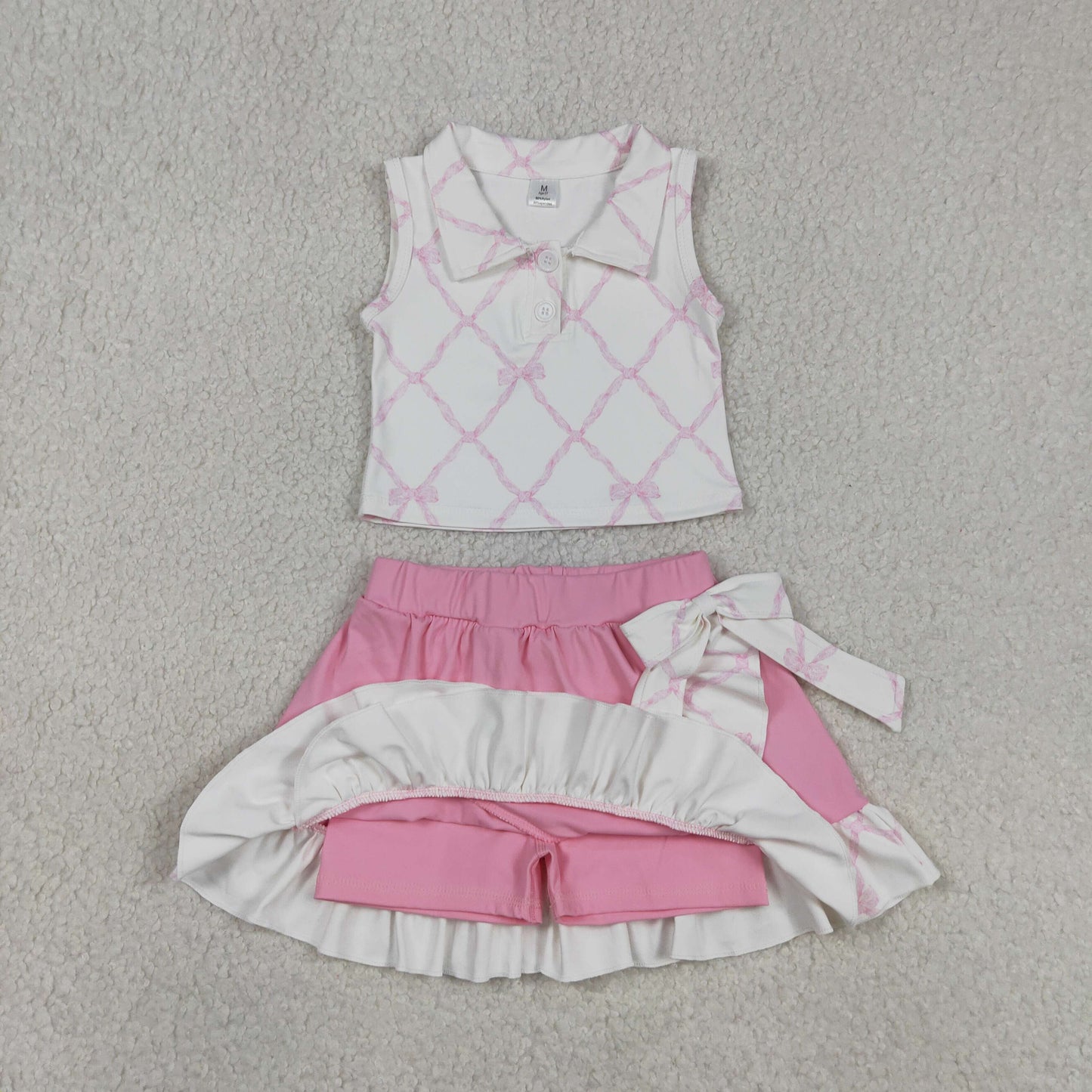 GSD3479 Kids Baby Girls Pink Bows Checked Button Top Ruffle Skirt Shorts Yoga Clothes Sets