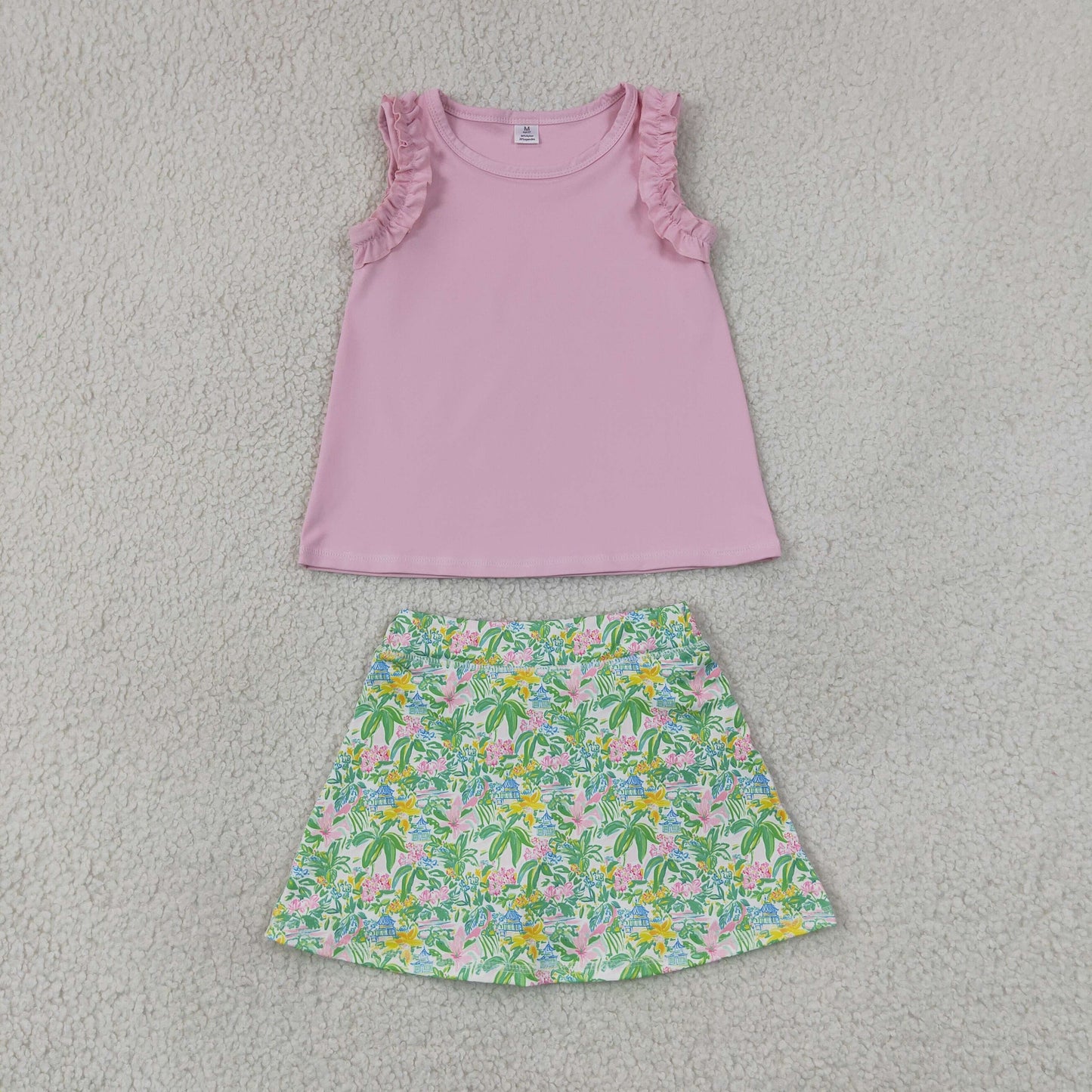 GSD4217 Kids Baby Girls Pink Cotton Tunic Sea Plants Yoga Active Skirt Short Clothes Set