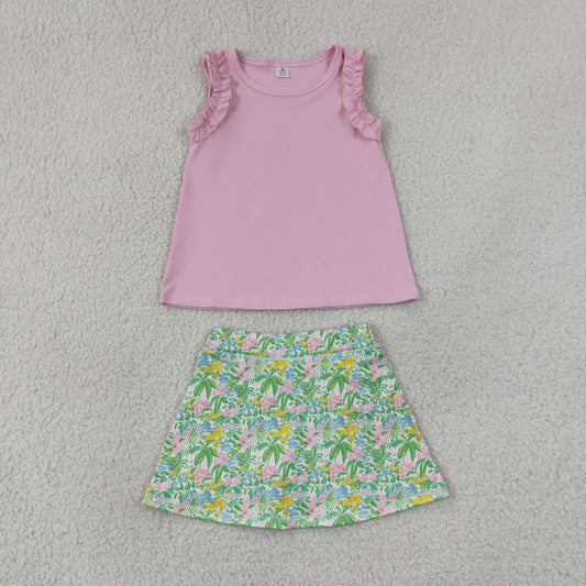 GSD4217 Kids Baby Girls Pink Cotton Tunic Sea Plants Yoga Active Skirt Short Clothes Set
