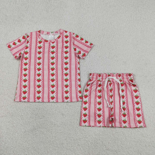 GSSO3649 Kids Baby Girls Bows Strawberry Stripe Top Short Pajamas Slouchy Clothes Set