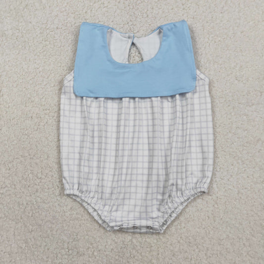 SR3751 Newborn Baby Boy Sleeveless Blue Checked Rompers