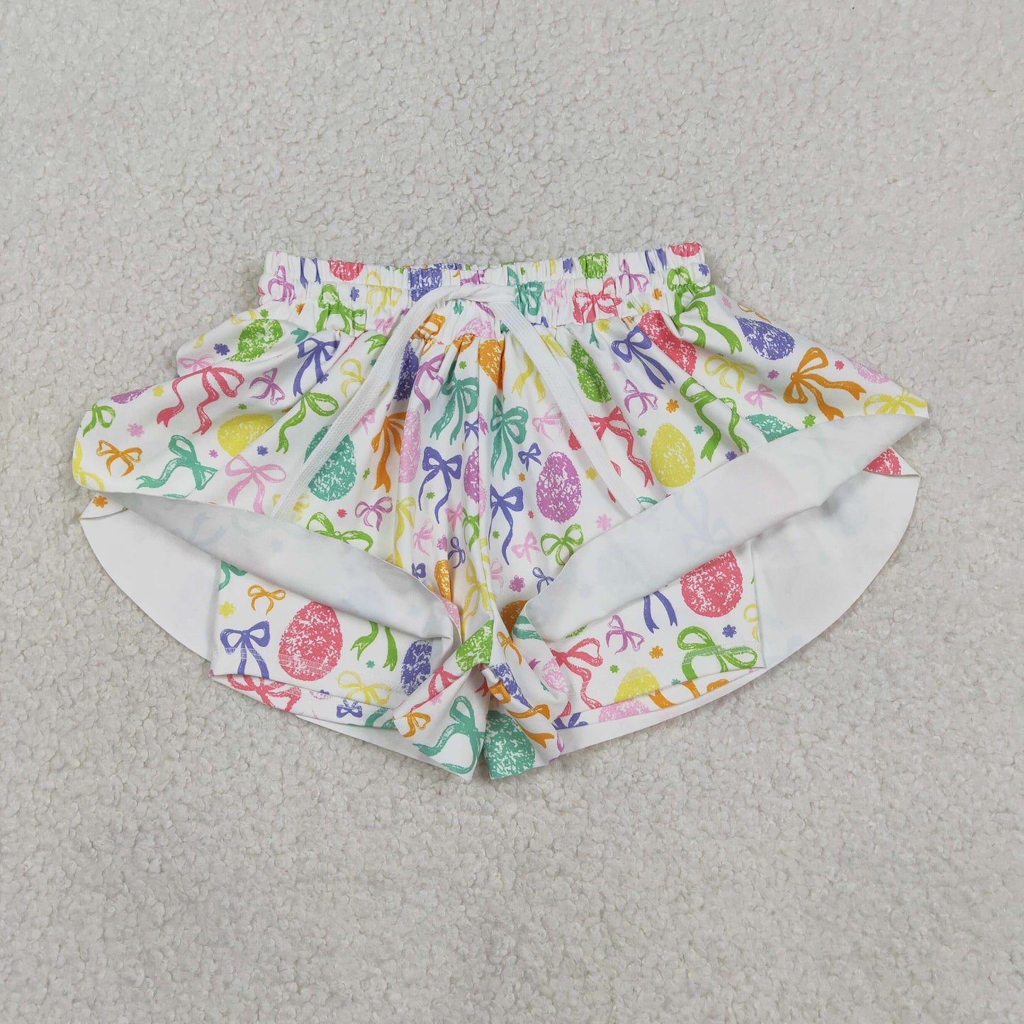 SS0822 Kids Baby Girl Colorful Bows Eggs Easter Yoga Active Ruffle Shorts Bottom