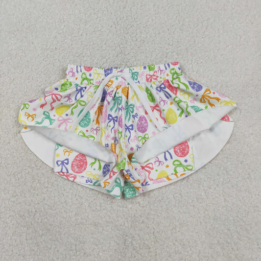 SS0822 Kids Baby Girl Colorful Bows Eggs Easter Yoga Active Ruffle Shorts Bottom