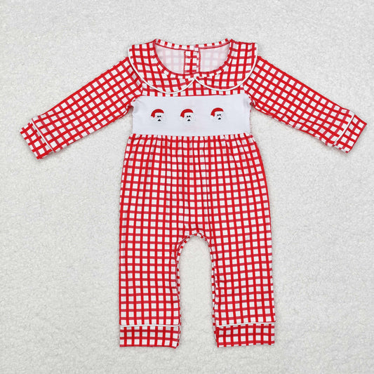 LR1263 Embroidery Baby Infant Boys Red Checkered Santas Romper