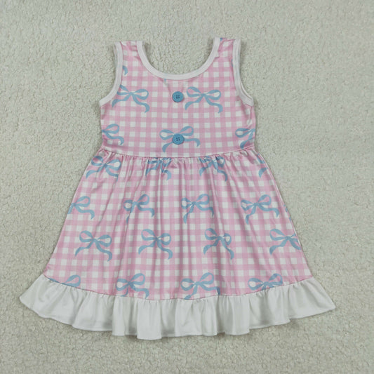 RTS NO MOQ（In Stock) GSD3145 Blue sleeveless dress with pink plaid buttons and bow pattern