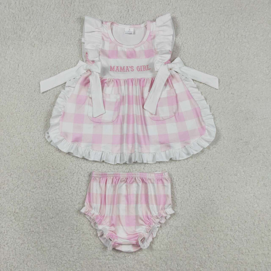 GBO0495 Kids Embroidery Mama's Girl Pink Checked Pockets Tunic Bummies Clothes Sets