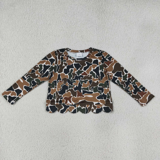 GT1688 Kids Clothing Baby Girls Long Sleeve Dark Brown Camo Scallop T-shirts Top