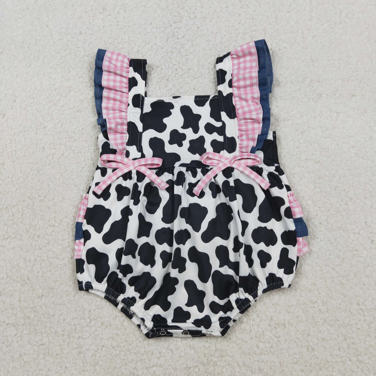SR3898 Newborn Baby Girls Flutter Sleeve Western Cow Print Ruffle Rompers