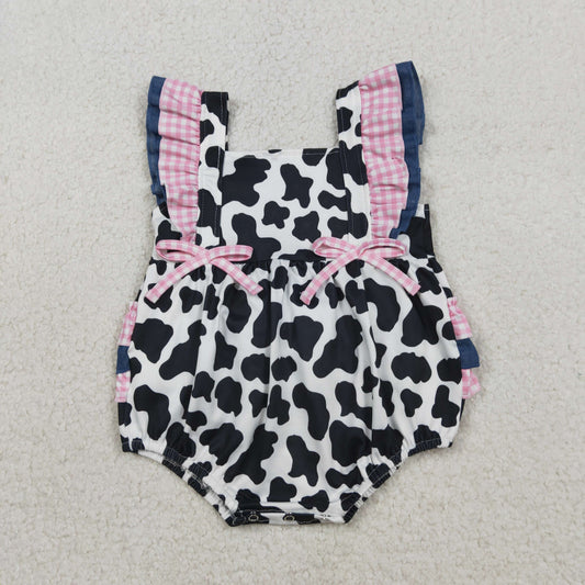 SR3898 Newborn Baby Girls Flutter Sleeve Western Cow Print Ruffle Rompers