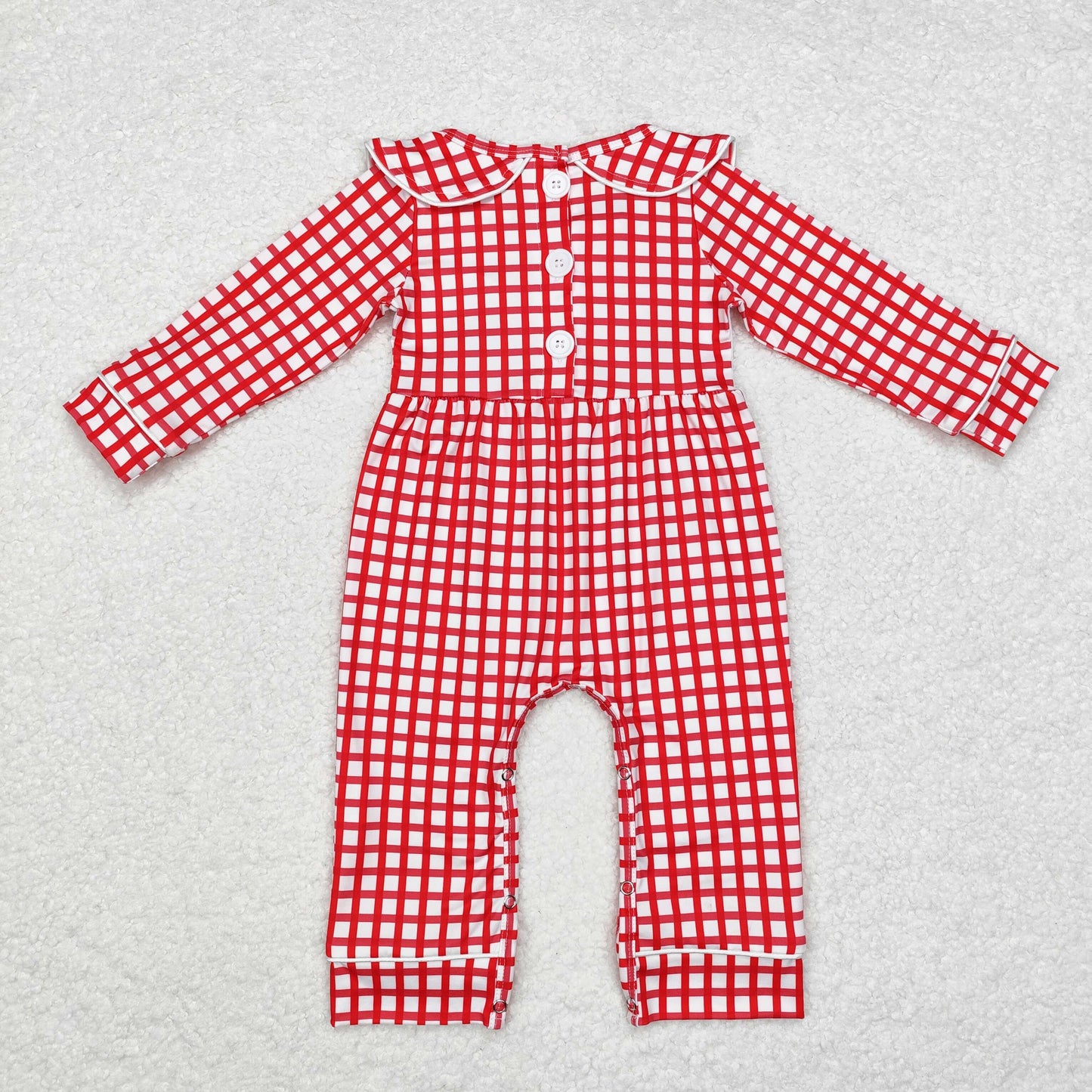 LR1263 Embroidery Baby Infant Boys Red Checkered Santas Romper