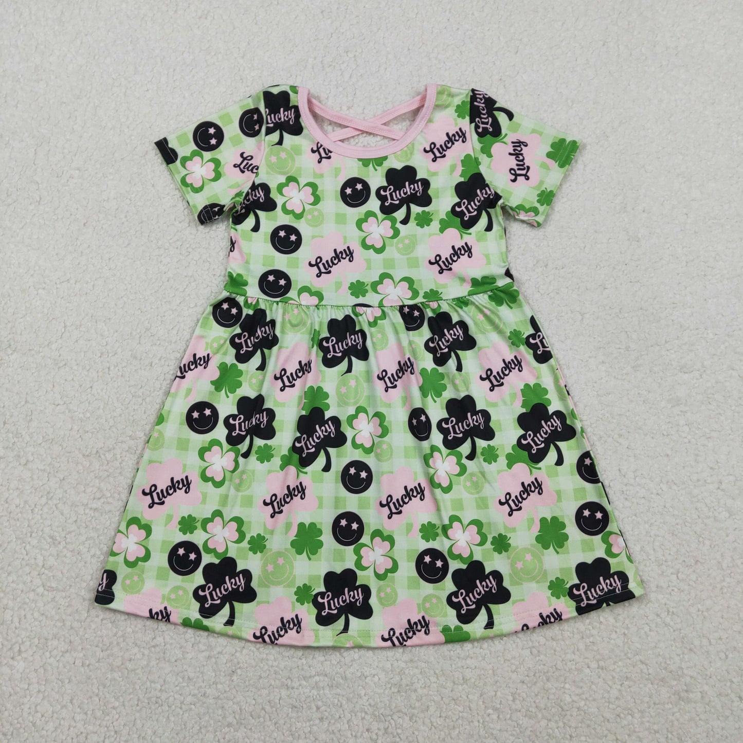 GSD2840 Kids Baby Girl Green Checked Clovers Lucky St Patrick Knee Length Dresses