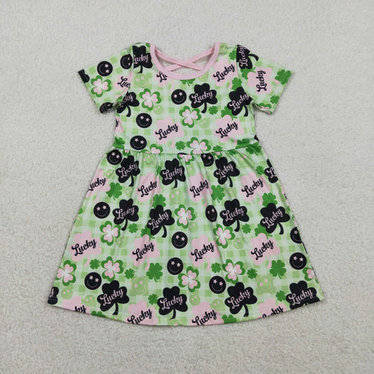 GSD2840 Kids Baby Girl Green Checked Clovers Lucky St Patrick Knee Length Dresses