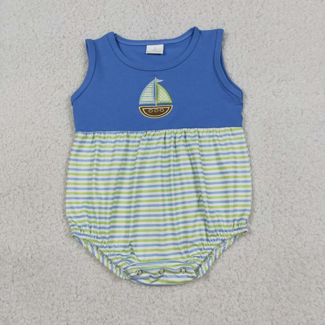 SR3892 Newborn Embroidery Boats Baby Boys Sleeveless Stripe Rompers
