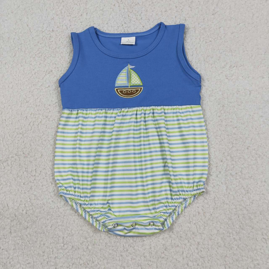 SR3892 Newborn Embroidery Boats Baby Boys Sleeveless Stripe Rompers