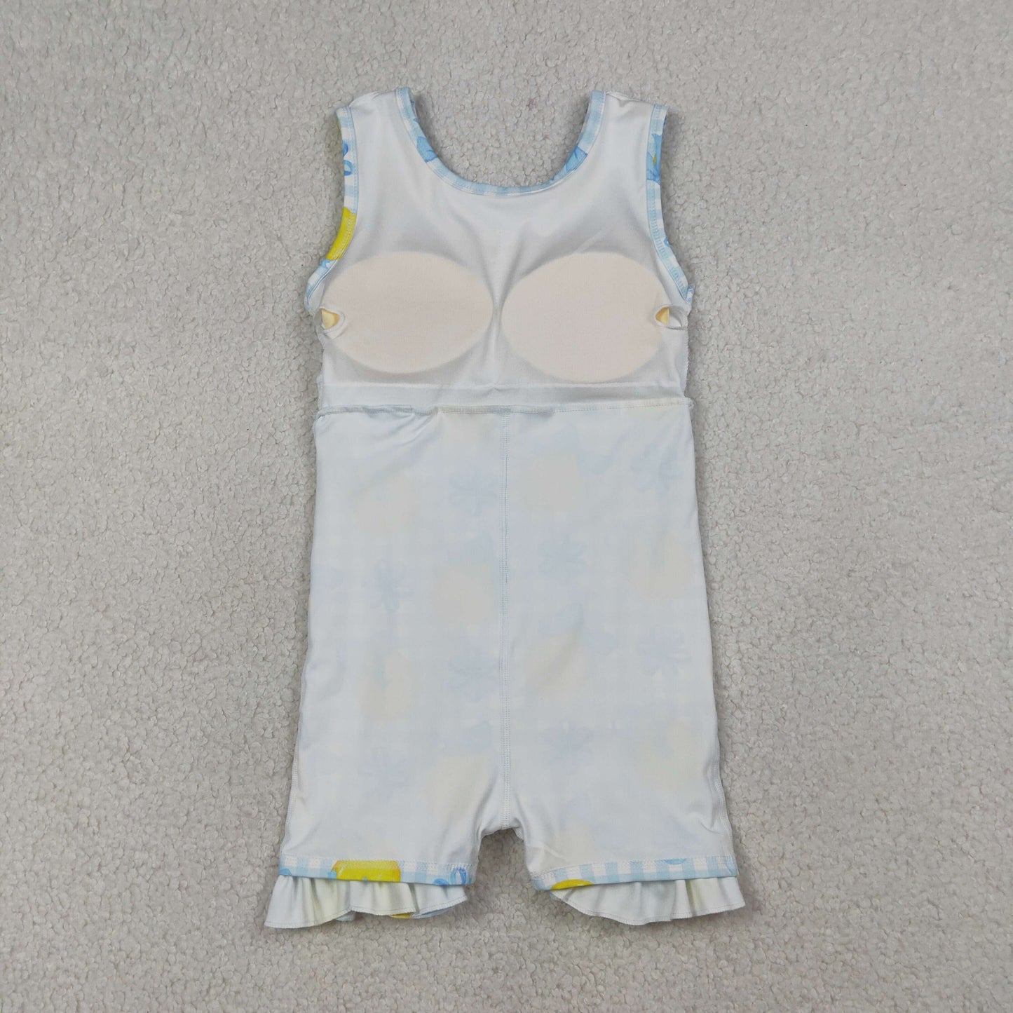 GSD3684 Kids Baby Girl Blue Checked Bow Lemons Back Zipper Yoga Active Shorts Ruffle Knee Length Dress