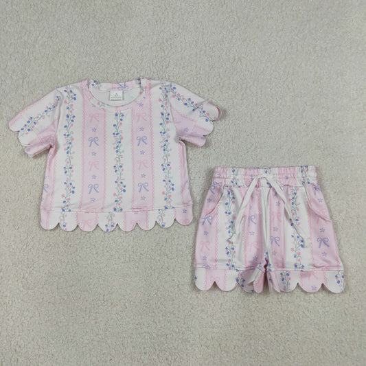 GSSO3410 Kids Baby Girls Flowers Bows Stripe Top Shorts Scallop Clothes Set