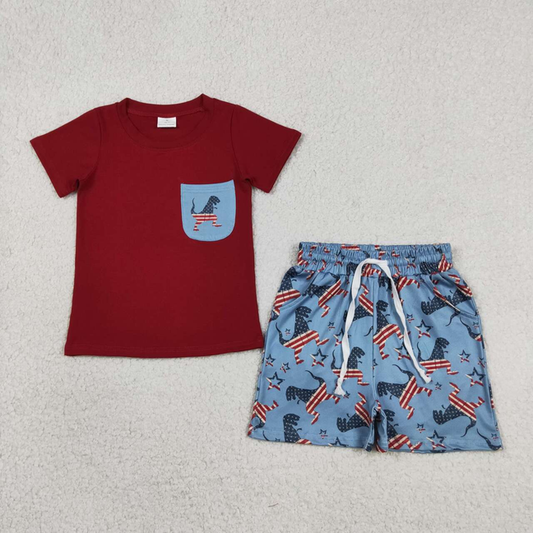 BSSO0519 Kids Baby Boys Dinosaurs Flags Pocket Shirts Shorts 4th of July Clothes Sets