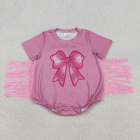 SR3187 Newborn Baby Girls Pink Short Sleeves Bow Print Tassel Ruffle Rompers