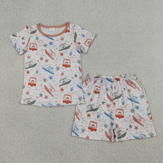 BSSO1904 Kids Baby Boys Colorful Starfishes Boats Beach Top Shorts Pajamas Clothes Sets