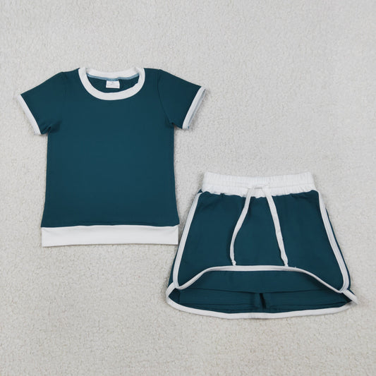 GSD3670 Kids Baby Girls Dark Green Short Sleeve Top Skirt Shorts Cotton Clothes Sets