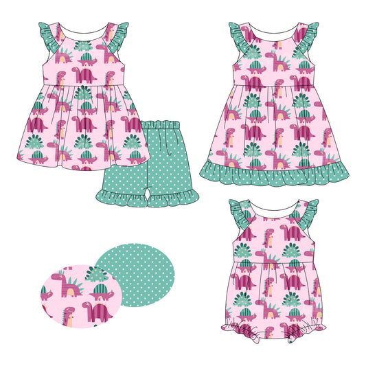 26.1.8 Custom MOQ:3 or 5 pcs each design milk silk Sibling baby girl clothes dinosaur short sleeve shorts sets and dress and romper