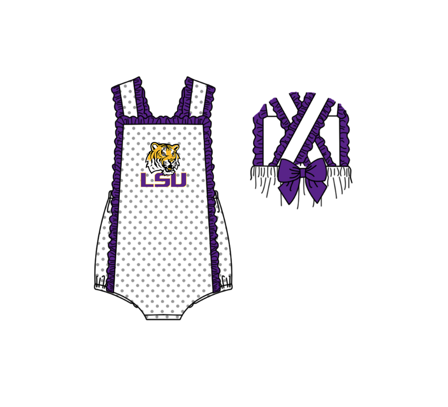 2.2 Custom Order Moq 3 Baby Infant Girl Strap LSU Polka Dots Back Bow Team Ruffle Rompers