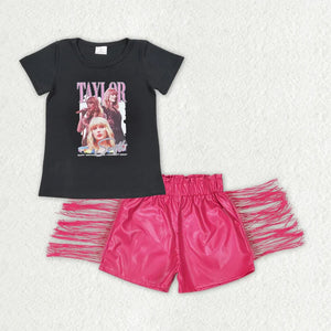 GT0572+SS0223 Baby Girls Singer Black Shirts Tops Leather Hot Pink Tassel Shorts Clothes Sets