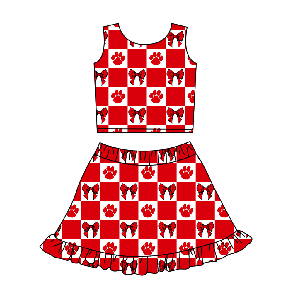 Custom MOQ 3 or 5 pcs Team Design Girl Summer Red Pawls Bows Plaid Top Ruffle Skirt Short Team Clothes Sets