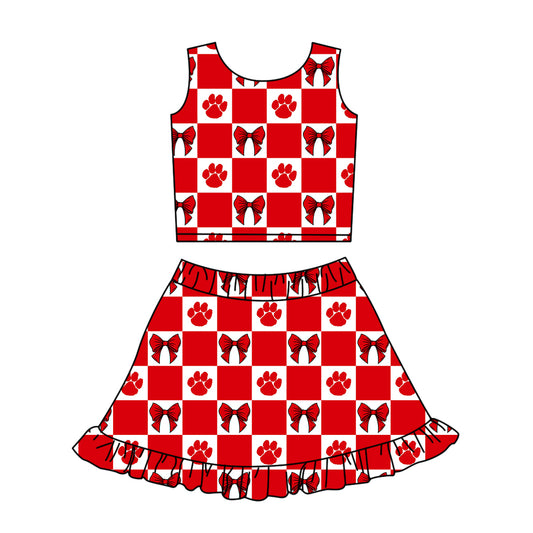 Custom MOQ 3 or 5 pcs Team Design Girl Summer Red Pawls Bows Plaid Top Ruffle Skirt Short Team Clothes Sets