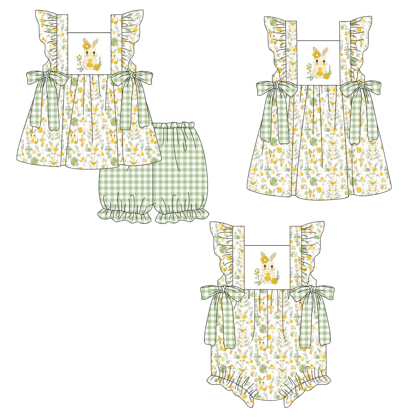 26.1.5 Custom MOQ:3 or 5 pcs each design milk silk Sibling baby girl clothes easter floral short sleeve shorts sets and dress and romper