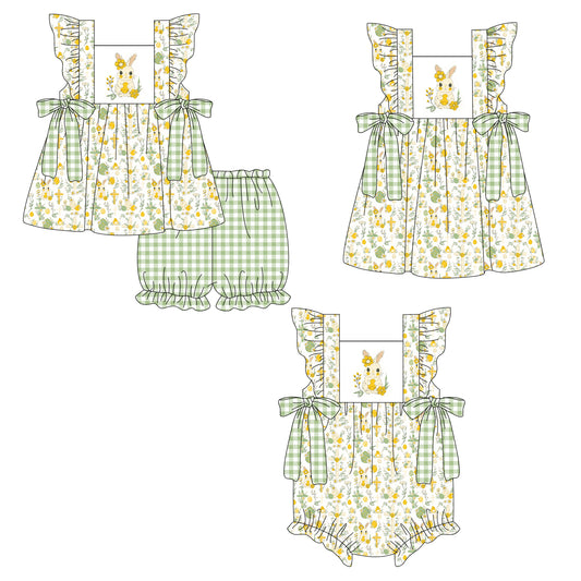 26.1.5 Custom MOQ:3 or 5 pcs each design milk silk Sibling baby girl clothes easter floral short sleeve shorts sets and dress and romper
