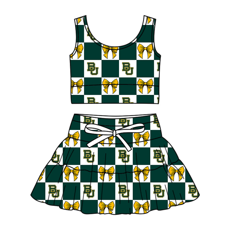 Custom MOQ 3 or 5 pcs Team Design Girl Summer Green BU Bows Plaid Vests Top Skirt Short Team Clothes Sets