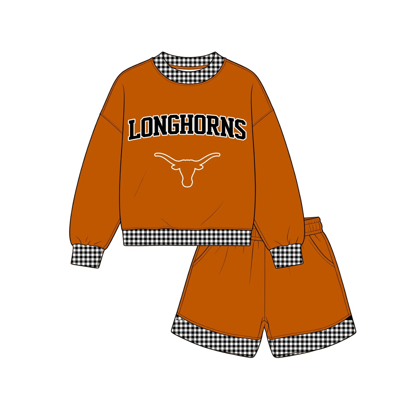 Custom Order Baby Boys Long Sleeve Longhorns Top Pockets Shorts Team Clothes Sets