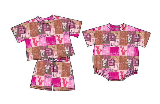 26.1.9 Custom MOQ:3 or 5 pcs each design milk silk Sibling baby girl clothes boot bow short sleeve shorts sets and romper