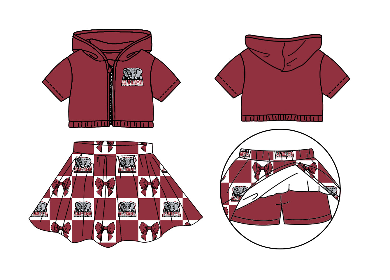 Custom Milk Silk Order MOQ:3 or 5 pcs Each Design Team State Girl Summer Bow Dark Red Zipper Hooded Short Sleeve Short Skirts Sets-26.1.17