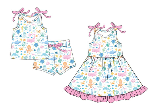 26.1.10 Custom MOQ:3 or 5 pcs each design milk silk Sibling baby girl clothes short sleeve shorts sets and dress