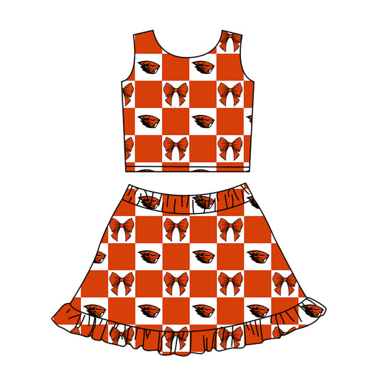 1.28 Custom Moq 3 Baby Girl Oregon State Beavers Bows Plaid Top Ruffle Skirt Short Team Clothes Sets