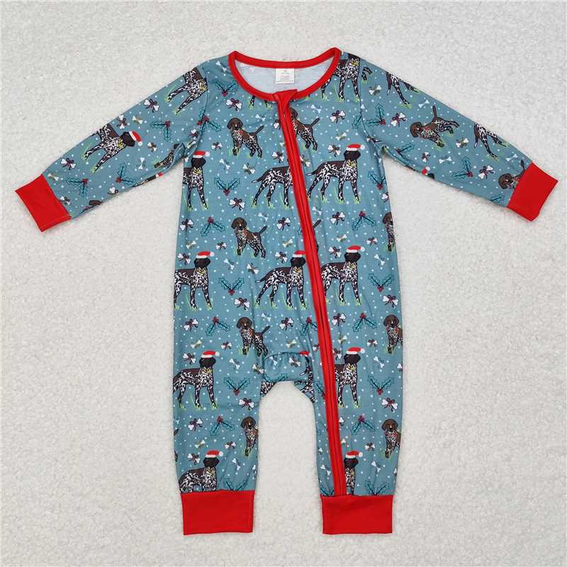 LR1768 Brother Boys Christmas Dog Bamboo Zip Rompers Pajamas Clothes Sets