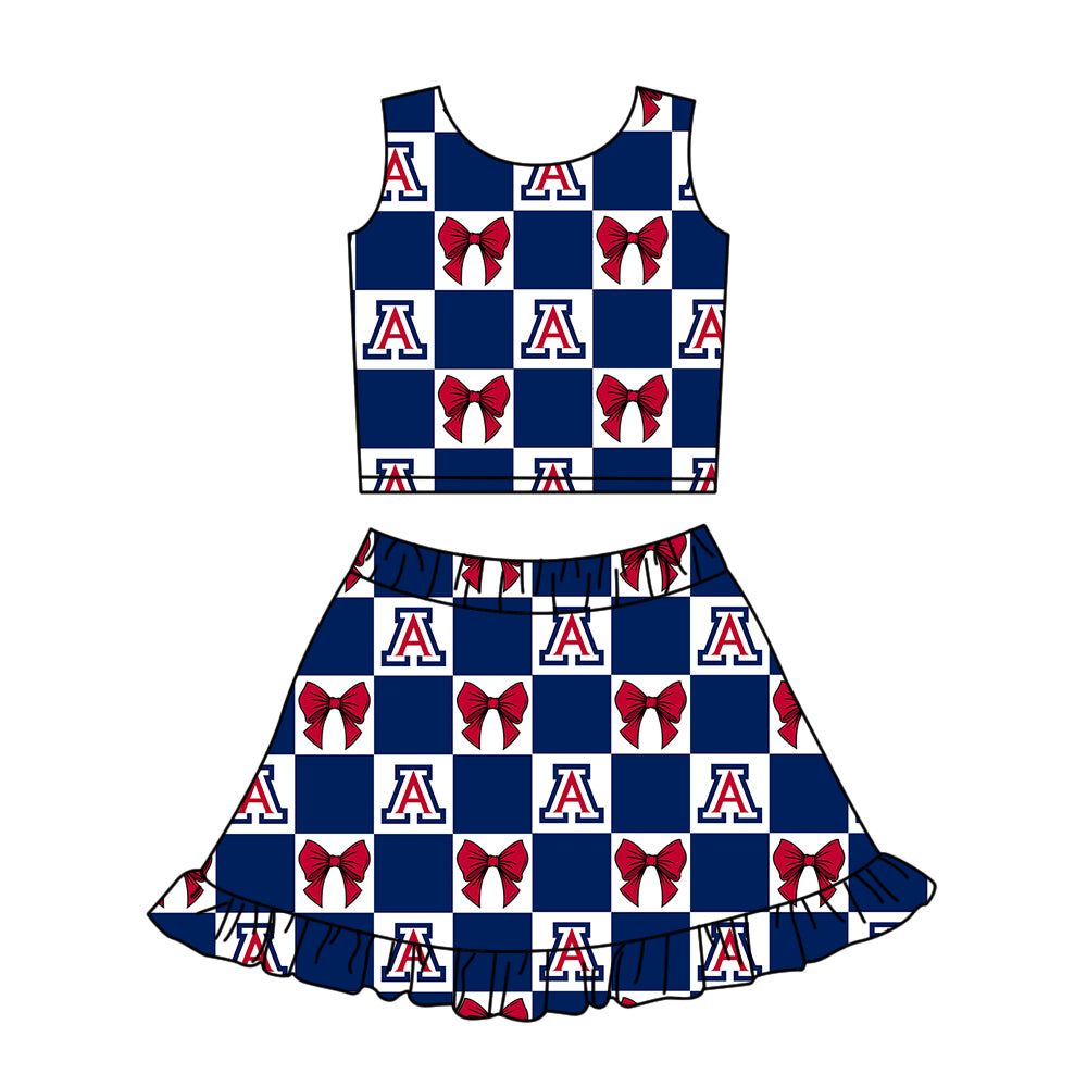Custom MOQ 3 or 5 pcs Team Design Girl Summer Navy Bows Plaid Top Ruffle Skirt Short Team Clothes Sets