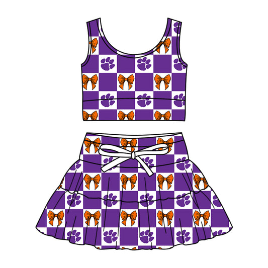 Custom Milk Silk Order MOQ:3 or 5 pcs Each Design Team State Girl Summer Bow Purple Sleeveless Skirts Sets-26.1.23