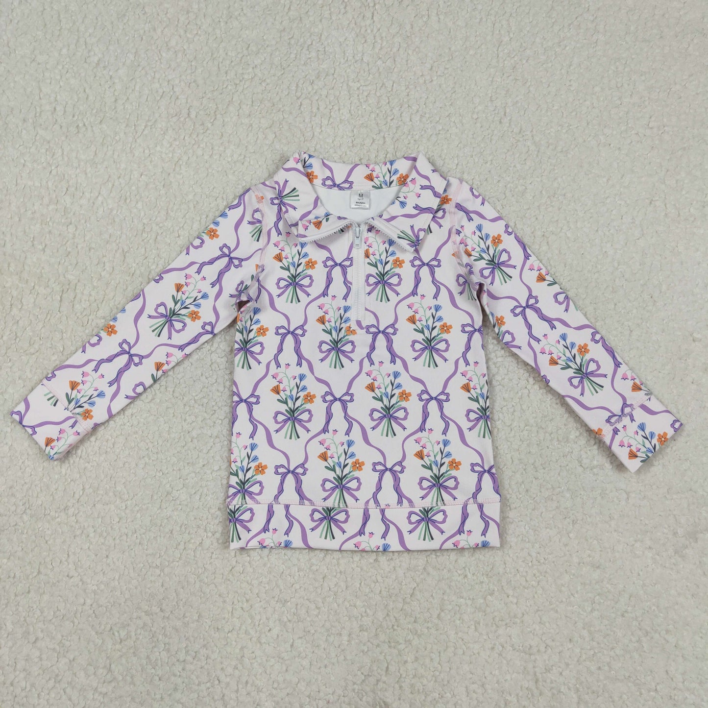 GT1371 Kids Baby Girl Purple Bows Flowers Checked Yoga Active Zipper Pullovers Top