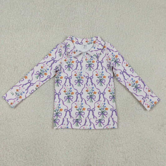 GT1371 Kids Baby Girl Purple Bows Flowers Checked Yoga Active Zipper Pullovers Top